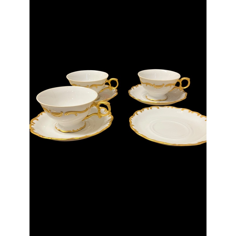 Schumann Arzberg Bavaria White Elegance Gold Gilt Tea Cup Saucer Set 7pc Germany
